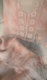 Load image into Gallery viewer, Women's Lakhnavi Handcrafted Pure Organza Chikankari Unstitched Kurta And Dupatta Set- HONC0340871