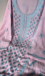 Load image into Gallery viewer, Saziya Women's Lakhnavi Handcrafted Mul Chanderi Semi - Stitched Kurta And Dupatta Set - HONC0246405