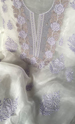 Load image into Gallery viewer, Mehnaj  Women's Lakhnavi Handcrafted Pure Organza Chikankari Unstitched Kurta And Dupatta Set- HONC0316109