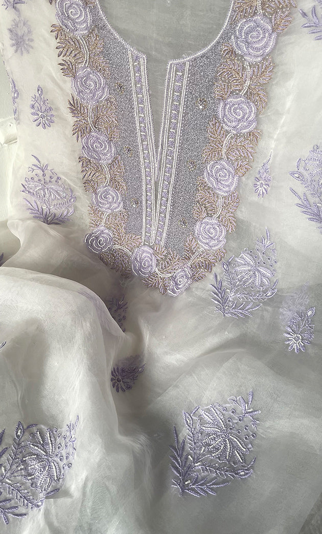 Mehnaj  Women's Lakhnavi Handcrafted Pure Organza Chikankari Unstitched Kurta And Dupatta Set- HONC0316109