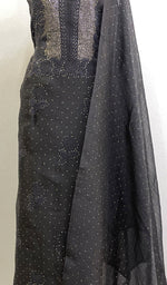 Load image into Gallery viewer, Black Women's Lakhnavi Handcrafted Pure Organza Chikankari Unstitched Kurta And Dupatta Set