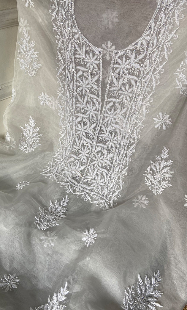 Women's Lakhnavi Handcrafted Organza Chikankari Unstitched Kurta and Dupatta set- HONC0249873