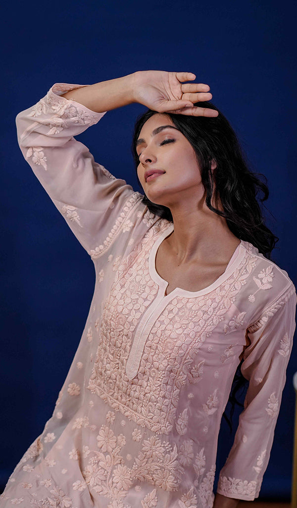 Umnaaz Women's Lakhnavi Handcrafted Viscose Georgette Chikankari Kurti- HONC0170695