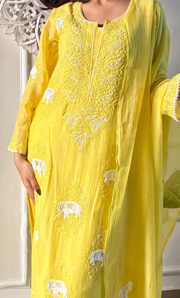 Women's Lakhnavi Handcrafted Mul Chanderi Chikankari Stitched Kurta, Dupatta And Pant Set - HONC0295595