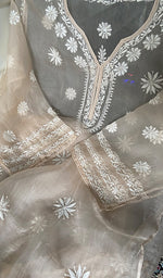 Load image into Gallery viewer, Women's Lakhnavi Handcrafted Pure Organza Chikankari Semi stitched Kurta And Dupatta Set- HONC0348611