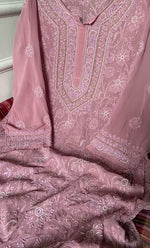 Load image into Gallery viewer, Women's Lakhnavi Handcrafted Pure Silk Georgette Semi - Stitched Chikankari Kurta And Dupatta Set - HONC0302216
