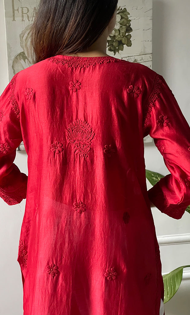 Sufi Women's Lucknowi Handcrafted Chanderi Silk Chikankari Kurti - HONC041952