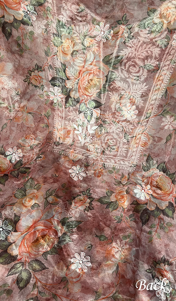 Women's Lakhnavi Handcrafted Organza Chikankari Unstitched Kurta And Dupatta Set - HONC0268888