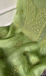 Load image into Gallery viewer, Women's Lakhnavi Handcrafted Pure Organza Chikankari Unstitched Kurta And Dupatta Set- HONC0328280