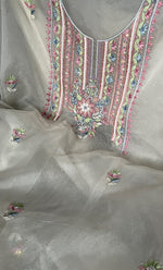Load image into Gallery viewer, Women's Lakhnavi Handcrafted Pure Organza Chikankari Unstitched Kurta And Dupatta Set- HONC0309243