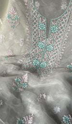 Load image into Gallery viewer, Women's Lakhnavi Handcrafted Organza Chikankari Unstitched Kurta And Dupatta Set- HONC0249872