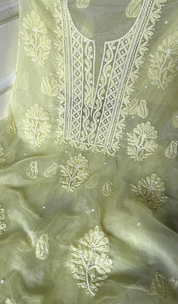 Women's Lakhnavi Handcrafted Organza Chikankari Unstitched Full Suit Material - HONC0271221