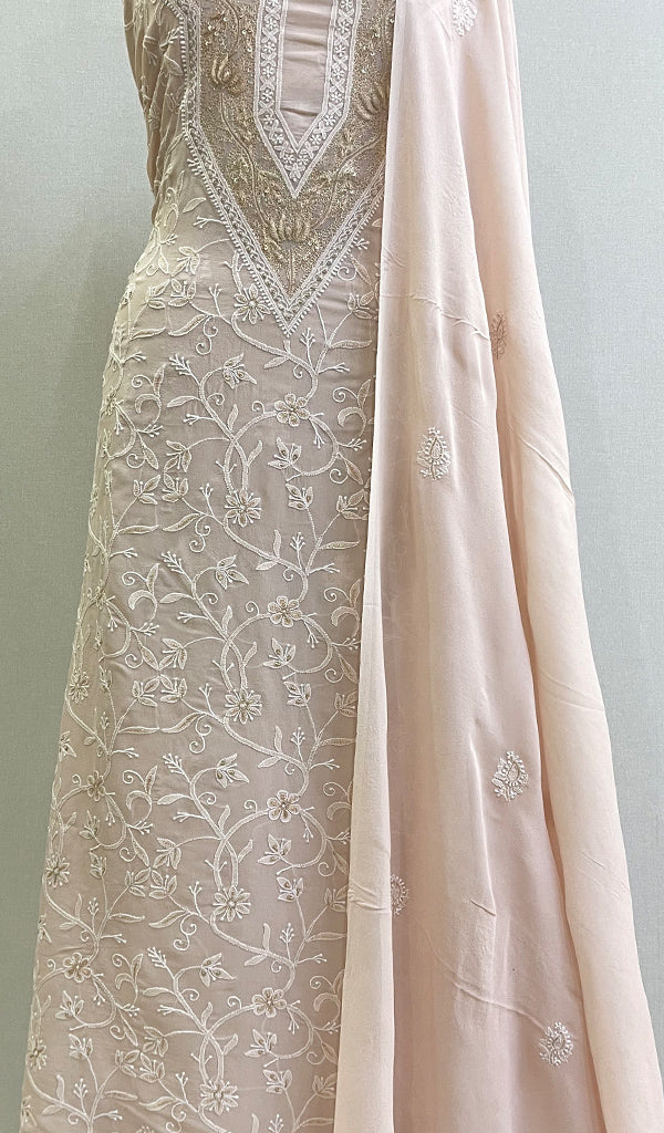 Women's Lakhnavi Handcrafted Pure Silk Georgette Chikankari Full Suit Fabric - HONC0172045