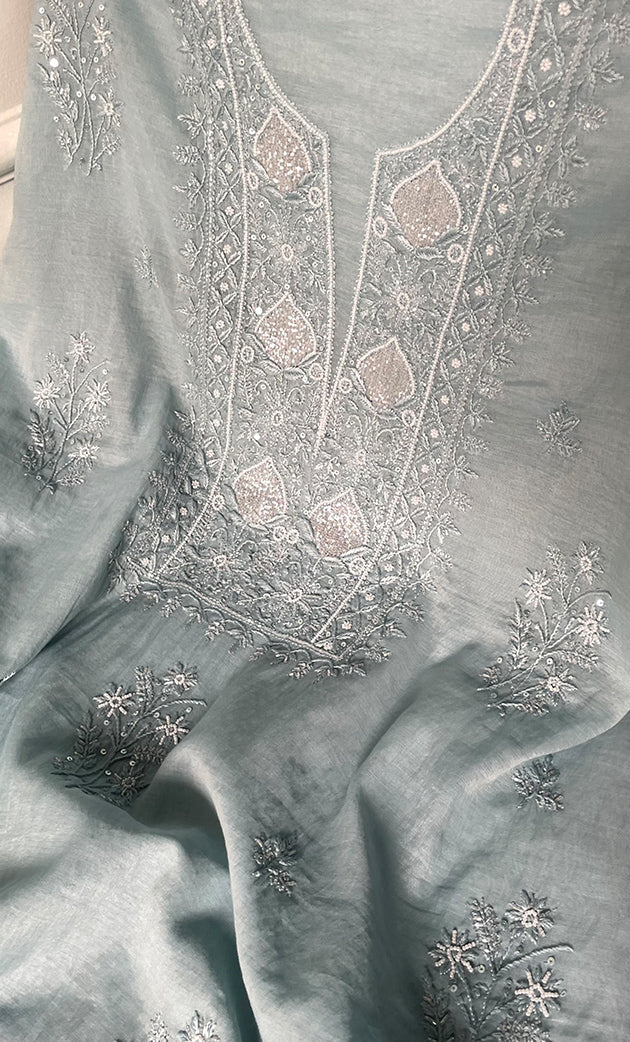 Women's Lakhnavi Handcrafted Mul Chanderi Unstitched Chikankari Full Suit Material - HONC0314656