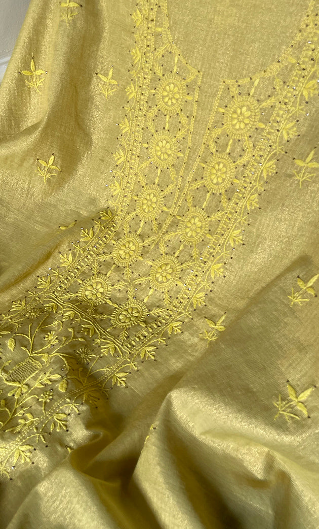 Women's Lakhnavi Handcrafted Tissue Chanderi Unstitched Chikankari Kurta And Dupatta Set - HONC0248436
