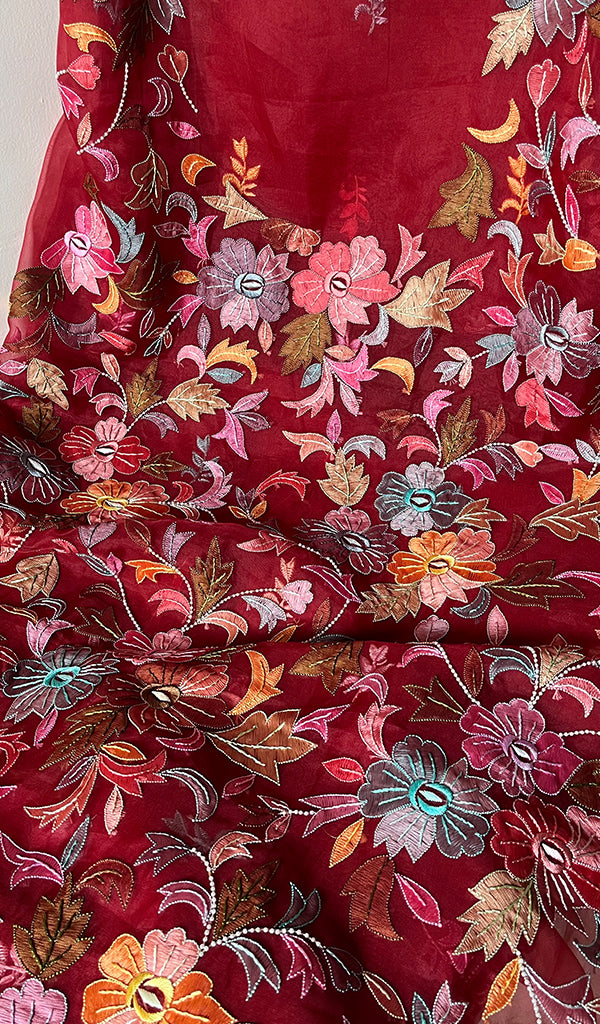 Women's Lakhnavi Handcrafted Pure Organza Chikankari Unstitched Kurta And Dupatta Set- HONC0267236