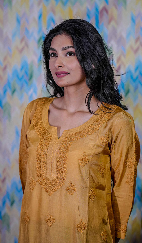 Rabia Women's Lucknowi Handcrafted Mul chanderi Chikankari Kaftan - HONC0312013