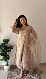 Load image into Gallery viewer, Women's Lucknowi Handcrafted Pure Organza Silk Stitched Chikankari Kurta, Dupatta With Pant Set- HONC0368443