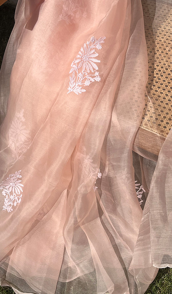 Women's Lucknowi Handcrafted Pure Organza Silk Chikankari SAREE - HONC0251005