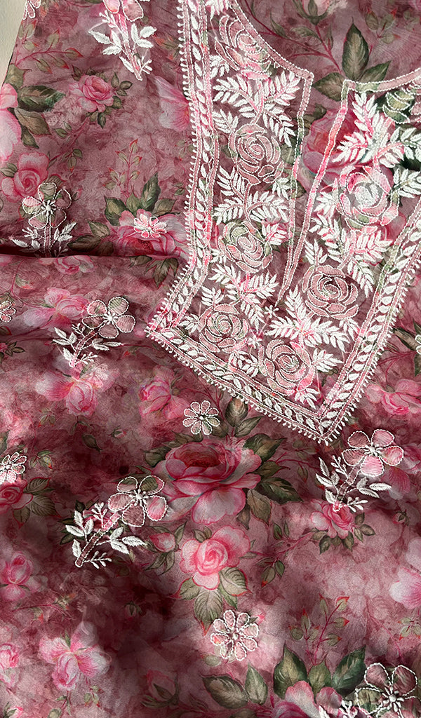 Women's Lakhnavi Handcrafted Organza Chikankari Unstitched Kurta And Dupatta Set - HONC0268887