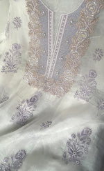Load image into Gallery viewer, Mehnaj Women's Lakhnavi Handcrafted Pure Organza Chikankari Unstitched Kurta And Dupatta Set- HONC0316112