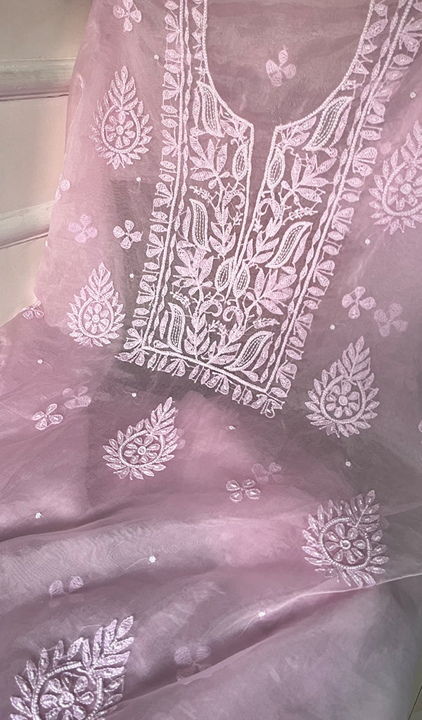 Women's Lakhnavi Handcrafted Organza Chikankari Unstitched Full Suit Material - HONC0271208