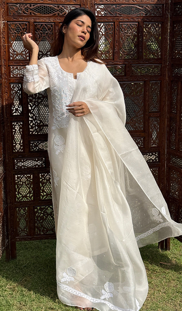 Rose Women's Lucknowi Handcrafted Pure Organza Silk Stitched Chikankari Kurta, Dupatta With Pant Set- HONC0270713