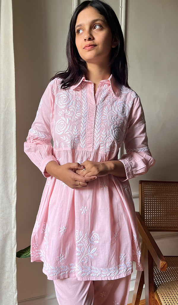 Women's Lakhnavi Handcrafted Cotton Chikankari Kurta And Palazzo Set - HONC0290433