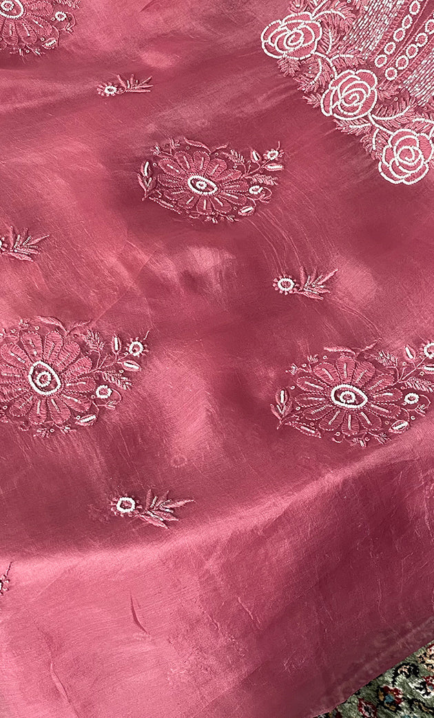 Women's Lakhnavi Handcrafted Pure Organza Chikankari Unstitched Kurta And Dupatta Set- HONC0314168