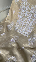 Load image into Gallery viewer, Women's Lakhnavi Handcrafted Tissue Chanderi Unstitched Chikankari Kurta And Dupatta Set - HONC0366822