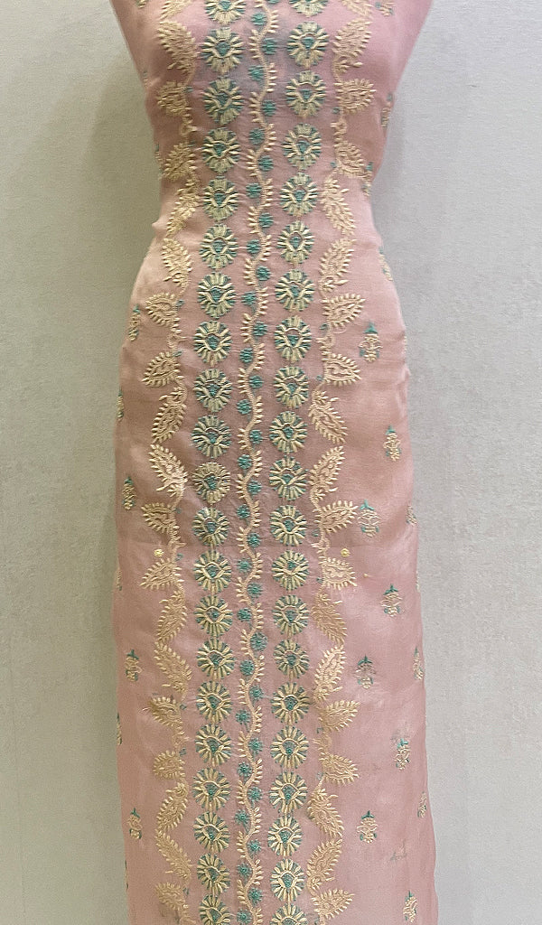 Lucknowi Handcrafted Pure Organza Silk Chikankari Unstitched Kurti Fabric - HONC0147323