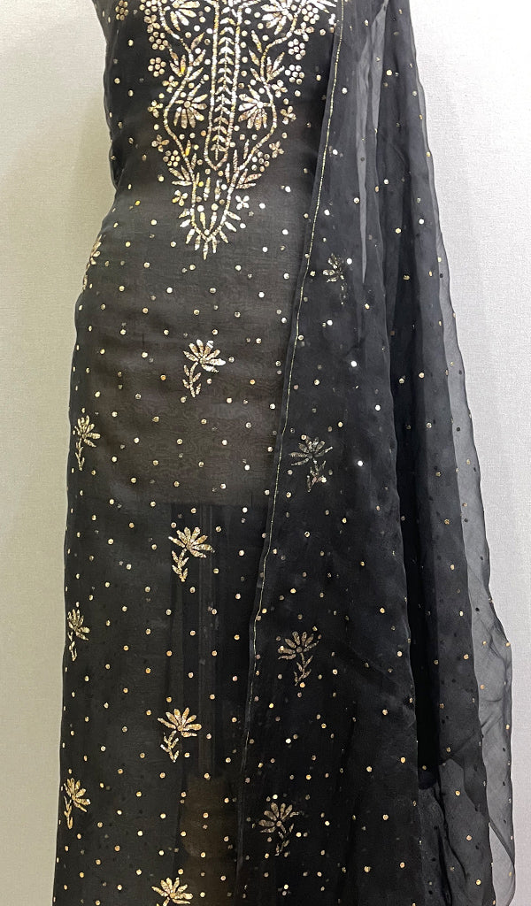 Marifa Women's Lakhnavi Handcrafted Organza Chikankari Unstitched Kurta And Dupatta Set - HONC0178793