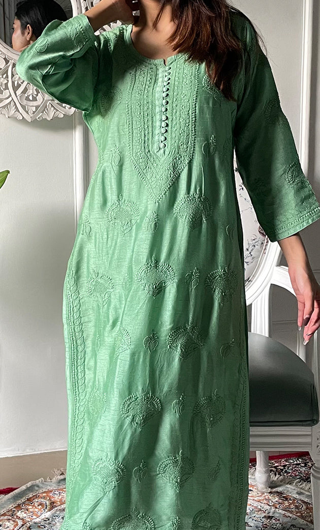 Lucknowi Handcrafted Raw Silk Chikankari Unstitched Men's Kurta Fabric - HONC0288530