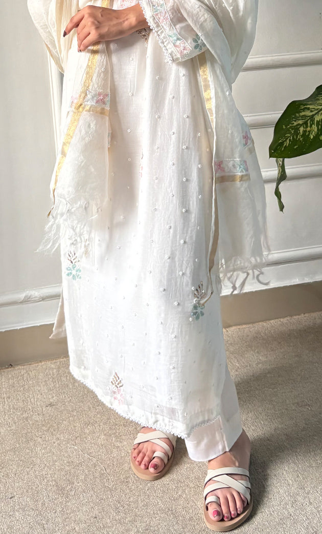 Women's Lakhnavi Handcrafted Mul Chanderi Chikankari Stitched Kurta, Dupatta And Pant Set - HONC0300859