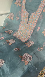 Load image into Gallery viewer, Women's Lakhnavi Handcrafted Pure Organza Chikankari Unstitched Kurta And Dupatta Set- HONC0341495