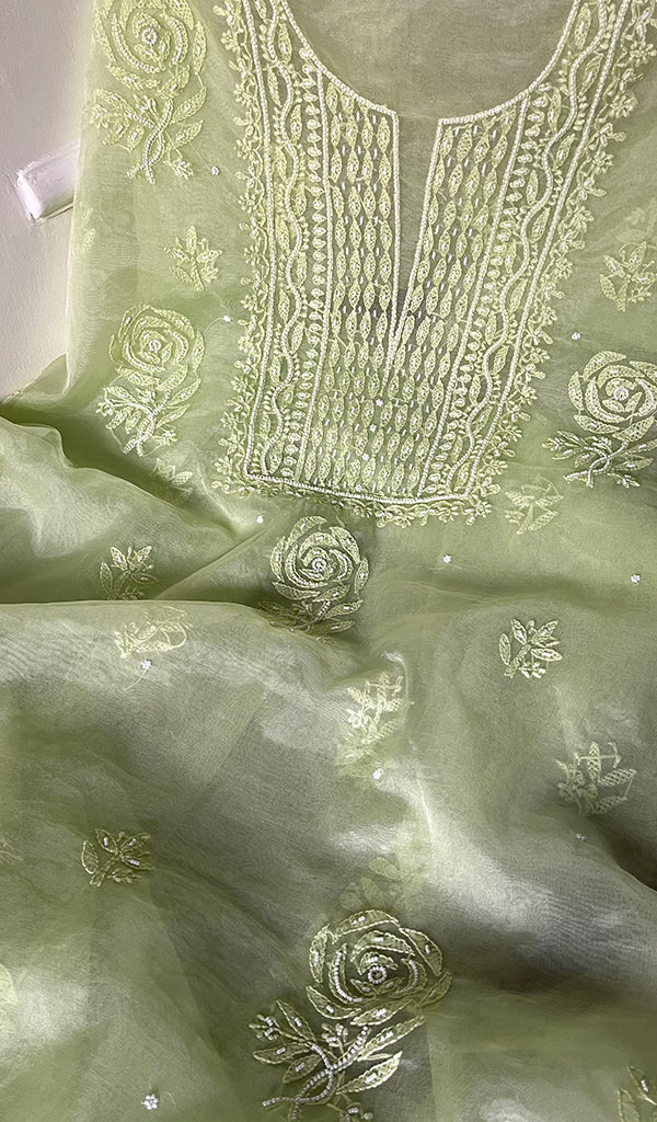 Women's Lakhnavi Handcrafted Organza Chikankari Unstitched Full Suit Material - HONC0271206