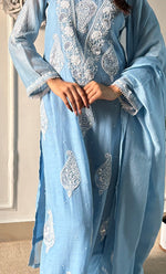 Load image into Gallery viewer, Women's Lakhnavi Handcrafted Mul Chanderi Chikankari Stitched Kurta, Dupatta And Pant Set - HONC0317786