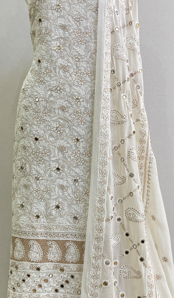 Women's Lakhnavi Handcrafted Pure Silk Georgette Chikankari Kurta And Dupatta Set- HONC083332