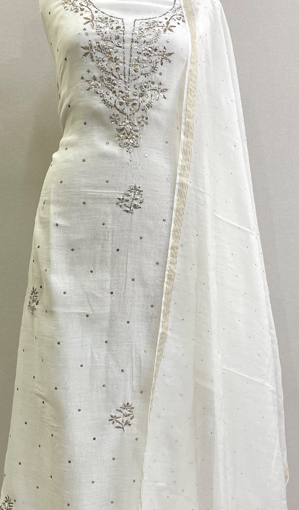 Women's Lakhnavi Handcrafted Chanderi Silk Chikankari Full Suit Material - HONC0203326