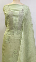 Load image into Gallery viewer, Rose Women's Lakhnavi Handcrafted Pure Organza Chikankari Unstitched Kurta And Dupatta Set - HONC0214222