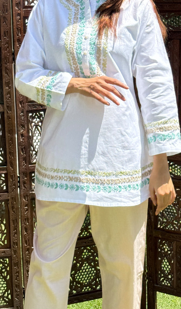 Women's Lakhnavi Handcrafted Cotton Chikankari Top And Pant Set - HONC0282051