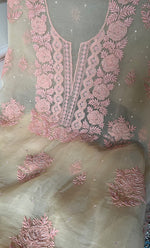 Load image into Gallery viewer, Women's Lakhnavi Handcrafted Pure Organza Chikankari Unstitched Kurta And Dupatta Set- HONC0328271