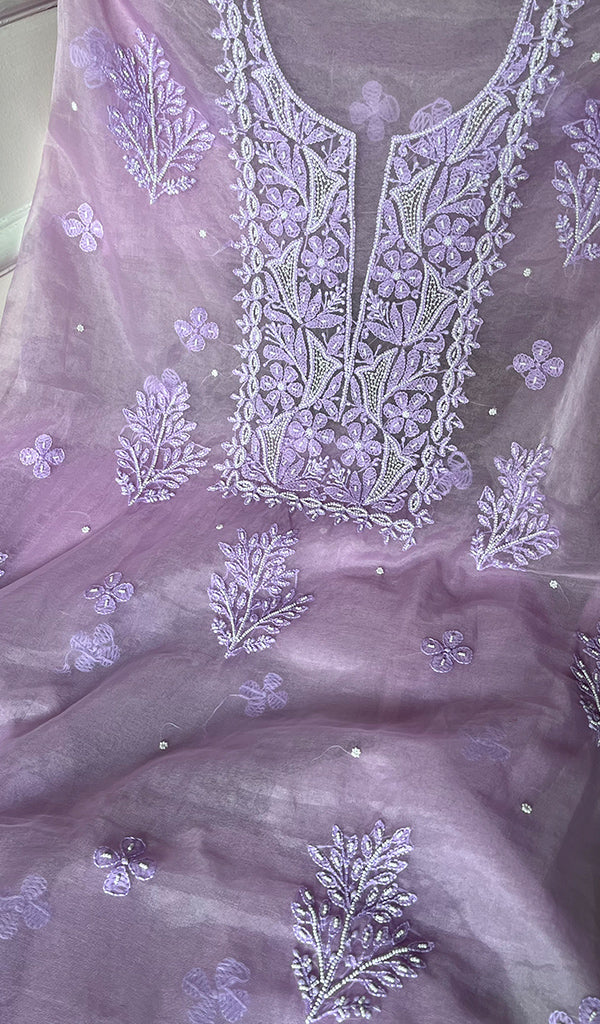 Women's Lakhnavi Handcrafted Organza Chikankari Unstitched Full Suit Material - HONC0271222