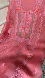 Load image into Gallery viewer, Women's Lakhnavi Handcrafted Pure Organza Chikankari Unstitched Kurta And Dupatta Set- HONC0351780