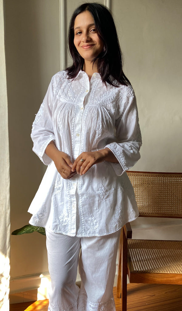 Women's Lakhnavi Handcrafted Cotton Chikankari Top And Palazzo Set - HONC0295332