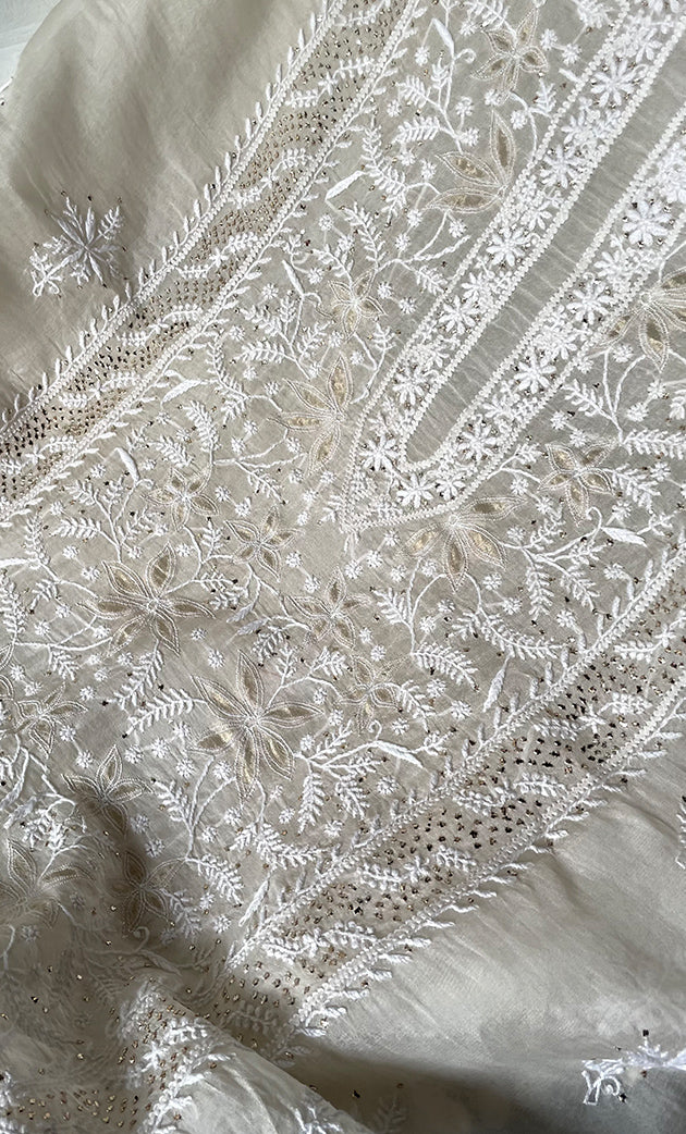 Women's Lakhnavi Handcrafted Pure Organza Chikankari Unstitched Kurta And Dupatta Set- HONC0320492