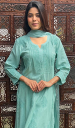 将图像加载到图库查看器中, Women's Lakhnavi Handcrafted Modal Cotton Chikankari Kurta Dupatta And Palazzo Set - HONC0247742