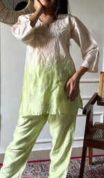 Load image into Gallery viewer, Riddhi Women's Lakhnavi Handcrafted Chanderi Silk Chikankari Top And Pant Set - HONC03607320