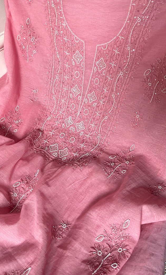 Women's Lakhnavi Handcrafted Mul Chanderi Unstitched Chikankari Full Suit Material - HONC0314657