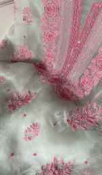 Load image into Gallery viewer, Rose Women's Lakhnavi Handcrafted Pure Organza Chikankari Unstitched Kurta And Dupatta Set- HONC0368733
